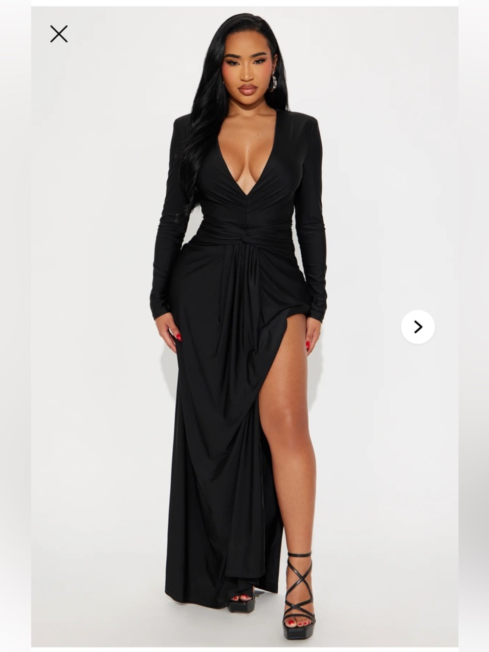 Black Ruched Deep V Maxi Dress with High Slit